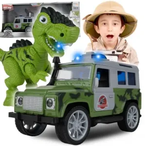 Terénní auto s přívěsem a dinosaurem