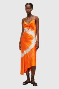 Šaty s příměsí hedvábí AllSaints oranžová barva, maxi