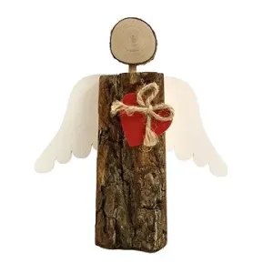 AMADEA Dřevěný anděl s kůrou s bílými křídly a červeným srdcem, masivní dřevo, 19x14,5x3 cm