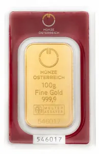 100 g zlatý slitek, Münze Österreich  /vyrobeno v Argor Heraeus SA/