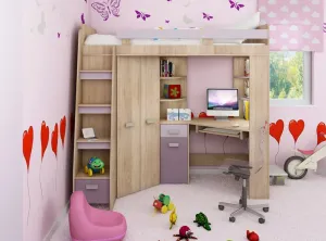 ArtCross Dětská rohová vyvýšená postel ANTRESOLA | dub sonoma/fialová Provedení: levé