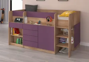 ArtCross Dětská vyvýšená postel SMILE | pravá barevné provedení: dub sonoma / fialová