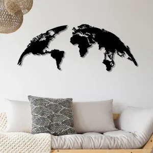 Hanah Home Nástěnná kovová dekorace Mapa světa polokoule 150x59 cm černá