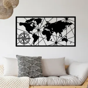 Hanah Home Nástěnná kovová dekorace Mapa světa kompas 120x60 cm černá