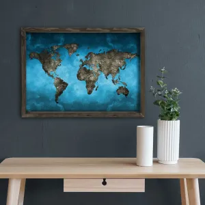 ASIR Obraz na MDF s rámem MAPA SVĚTA ŠEDÁ MODRÁ 70 x 50 cm