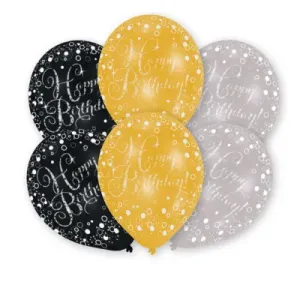 Balónky latexové Happy Birthday černé, zlaté, stříbrné 6 ks