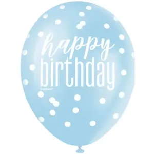 Balónky latexové Happy Birthday perleťové modré, bílé 6 ks