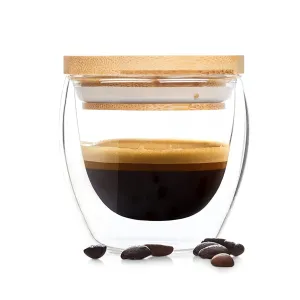 Bambuswald Sklenice na kávu, 100 ml, termosklenice, víčko, ruční výroba, borosilikátové sklo, bambus