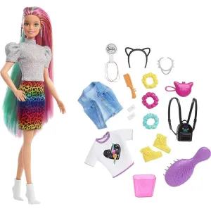 Mattel GRN81 Barbie Leopardí panenka s duhovými vlasy a doplňky