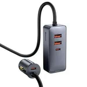 Baseus Share together Auto Nabíječka s prodlužovacím kabelem, 2x USB, 2x USB-C, 120W (gray)