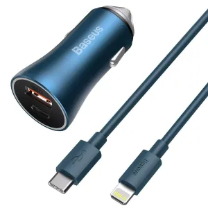 Baseus Golden Contactor Pro nabíječka do auta, USB + USB-C, QC4.0+, PD, SCP, 40W (modrá) + kabel USB-C na Lightning 1m (modrý)