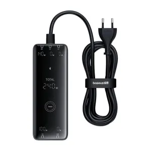 Baseus GaN nabíječka s digitálním panelem, 3x USB-C + USB+ DC, 240W + 1m kabel (černá)
