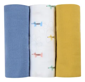 Textilní pleny z bavlněného mušelínu Cotton Muslin Cloths Beaba Teckel sada 3 kusů 70*70 cm od 0 měsíců modro-béžové