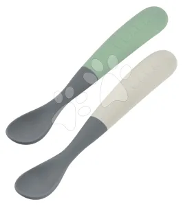 Ergonomické lžičky 1st Age Silicone Spoons Beaba Mineral Grey Sage Green ze silikonu k samostatnému jídlu v boxu 2 kusy od 4 měsíců