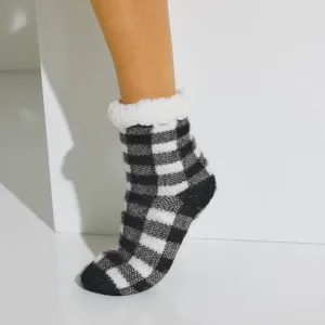 Bačkorové ponožky s kožešinovou imitací, kostkovaný design #4592978