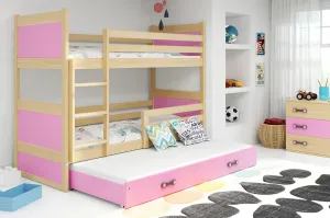 BMS Dětská patrová postel s přistýlkou RICO 3 | borovice 90 x 200 cm Barva: Růžová #5341499