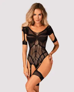 Obsessive - patterned open mesh body with suspenders (black) (S-L)