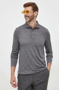 Vlněné tričko s dlouhým rukávem BOSS šedá barva