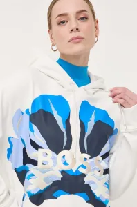 Bavlněná mikina BOSS dámská, béžová barva, s kapucí, s potiskem #5923238
