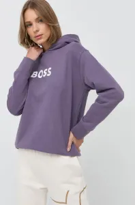 Bavlněná mikina BOSS dámská, fialová barva, s kapucí, s potiskem