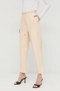 Kalhoty BOSS dámské, béžová barva, jednoduché, high waist #5308807