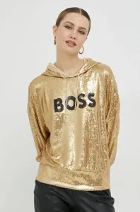 Mikina BOSS dámská, zlatá barva, s kapucí, s aplikací
