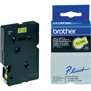 Brother originální páska do tiskárny štítků, Brother, TC-691, černý tisk/žlutý podklad, laminovaná, 7.7m, 9mm