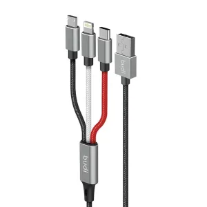 Kabel Budi 3v1 USB na Lightning / USB-C / Micro USB 2,4 A, 1 m, opletený (černý)