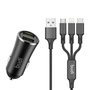 Nabíječka do auta Budi, 2x USB, 2,4 A + kabel 3v1 USB na USB-C / Lightning / Micro USB (černá)