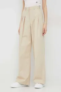 Bavlněné kalhoty Calvin Klein dámské, béžová barva, široké, high waist #4935379