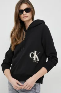 Bavlněná mikina Calvin Klein Jeans dámská, černá barva, s kapucí, s potiskem #4940307