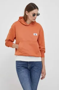 Bavlněná mikina Calvin Klein Jeans dámská, oranžová barva, s kapucí, s aplikací #5476595