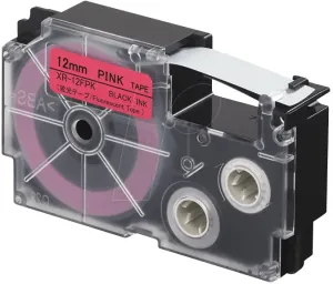 Casio XR-12FPK , 12mm x 8m, černý tisk / signální růžový podklad, kompatibilní páska