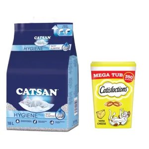 Catsan Hygiene Plus stelivo, 18 l + Dreamies 2 x 350 g - 15 % sleva - stelivo pro kočky 18 L + výhodné balení se sýrem (2 x 350 g)