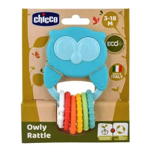 CHICCO - Kousátko s chrastítkem se senzorickými kroužky Eco+ Sova Owly 3m+