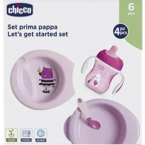 CHICCO - Jídelní set - talíř, lžička, hrnek, 6m+  - růžový
