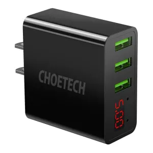Síťová nabíječka Choetech C0026, americká zástrčka, 3x USB-C s digitálním displejem 15W (černá)