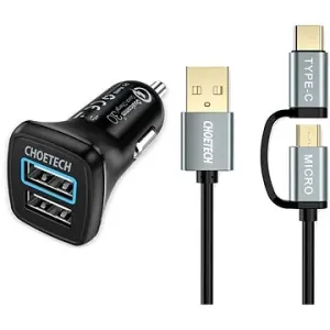 Set ChoeTech 2x QC3.0 USB-A Car Charger Black + 2 in 1 USB to Micro USB + Type-C (USB-C) Cable 1.2m