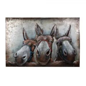 3D šedo-hnědý kovový obraz s oslíky Iron Donkey - 120*6*80 cm 5WA0201