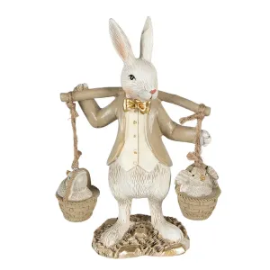 Béžová dekorace socha králík s kuřátky ve kbelíku  - 12*6*17 cm 6PR3872