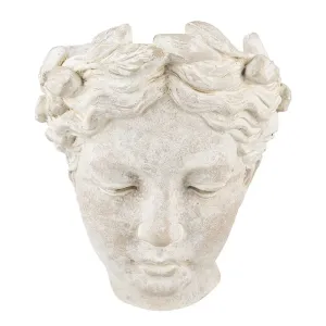 Béžový antik cementový nástěnný květináč hlava ženy - 17*13*21 cm 6TE0420
