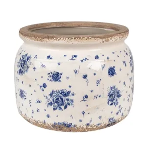 Béžový keramický obal na květináč s modrými růžemi Blue Rose L - Ø 20*15 cm 6CE1659L