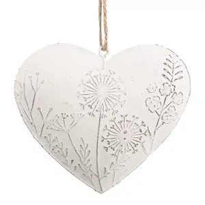 Bílé antik plechové ozdobné závěsné srdce s květy - 11*2*10 cm 6Y5557