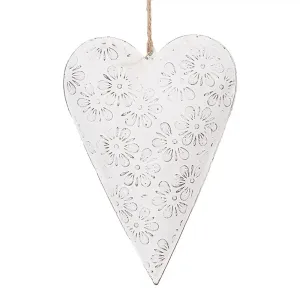 Bílé antik plechové ozdobné závěsné srdce s květy M - 15*2*10 cm 6Y5566M