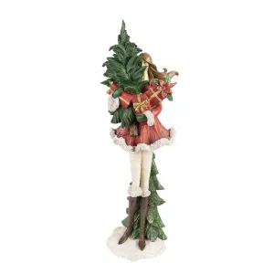 Červená dekorace socha dívka se stromkem a dárky - 17*13*49 cm 6PR3941