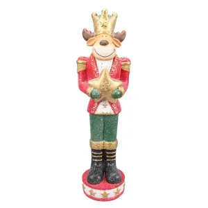 Červeno-zelená vánoční dekorace socha Sob s hvězdou - 24*20*80 cm 5PR0090