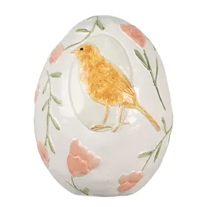 Dekorace bílé vajíčko s květy a ptáčkem - Ø 13*16 cm 6PR5044