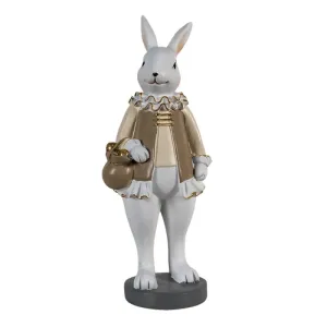 Dekorace králík v béžovém kabátku držící měšec - 10*8*25 cm 6PR3583