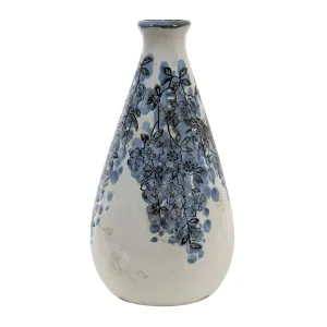 Béžová keramická váza s modrými květy Maun - Ø 11*21 cm 6CE1424M