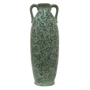 Zelená dekorační váza s modrými květy Minty - Ø 16*45 cm 6CE1393L